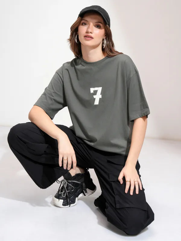 Women Grey Printed Oversized Fit T-Shirt