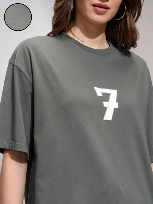 Women Grey Printed Oversized Fit T-Shirt