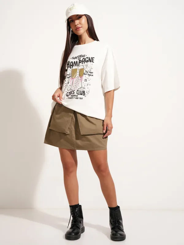 White Printed Round Neck Oversized Fit T-Shirts
