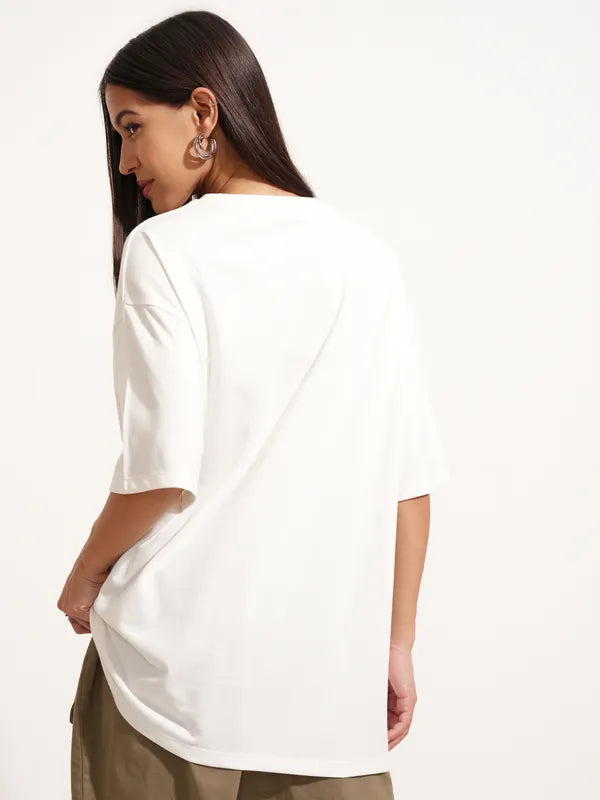 White Printed Round Neck Oversized Fit T-Shirts