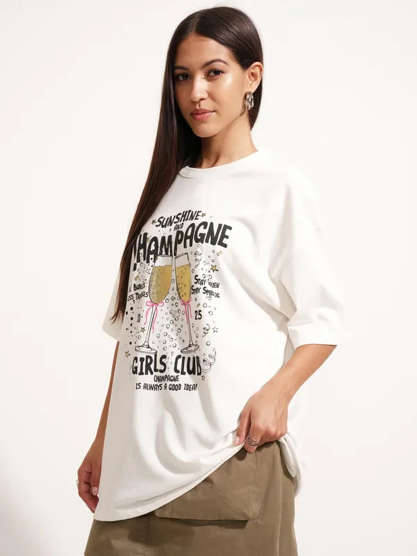 White Printed Round Neck Oversized Fit T-Shirts