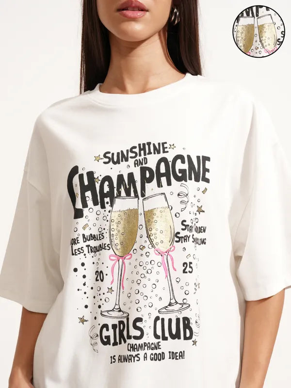 White Printed Round Neck Oversized Fit T-Shirts