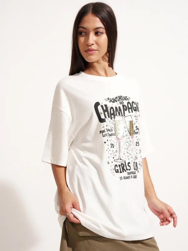 White Printed Round Neck Oversized Fit T-Shirts