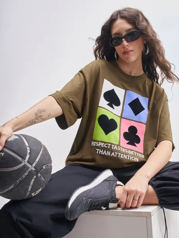 Brown Printed Round Neck Oversized Fit T-Shirts