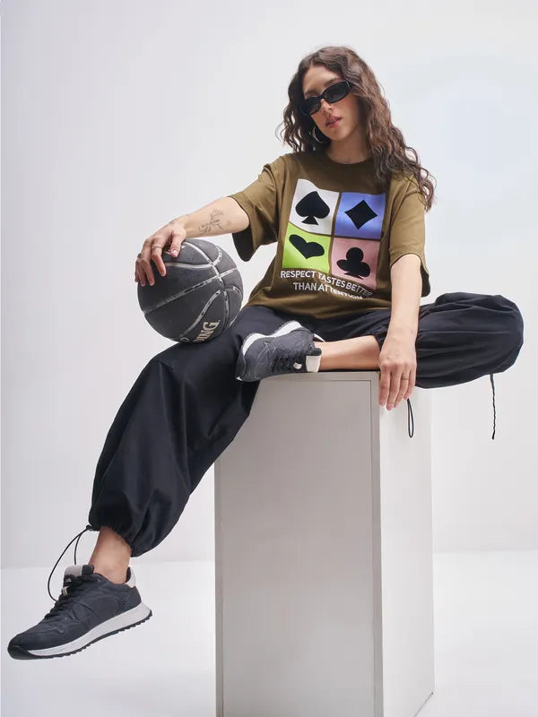 Brown Printed Round Neck Oversized Fit T-Shirts