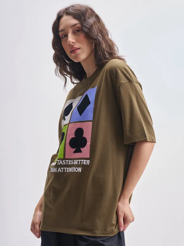 Brown Printed Round Neck Oversized Fit T-Shirts