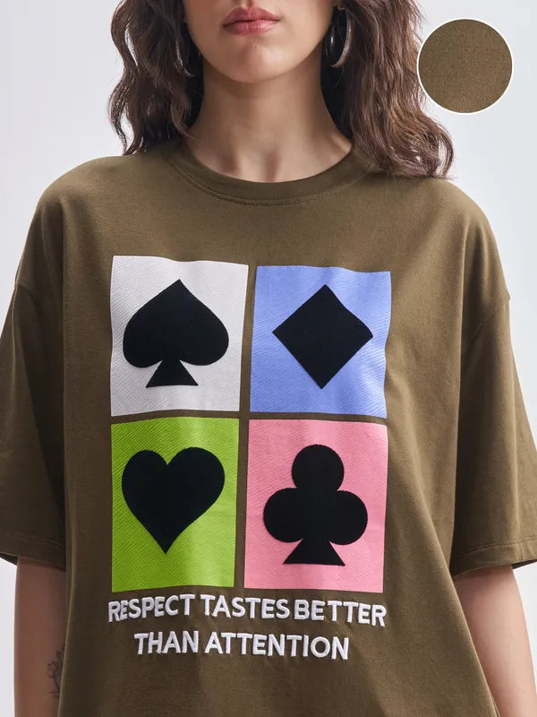 Brown Printed Round Neck Oversized Fit T-Shirts