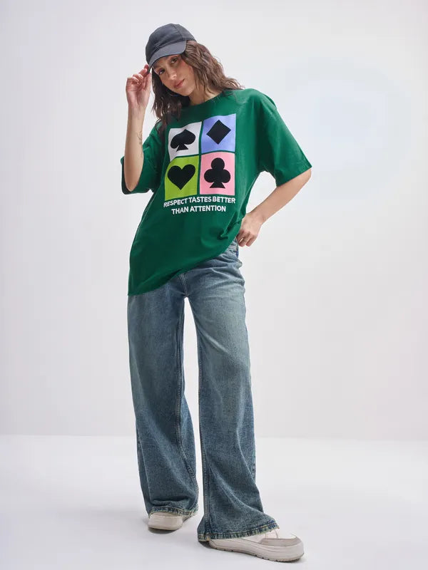 Green Printed Round Neck Oversized Fit T-Shirts