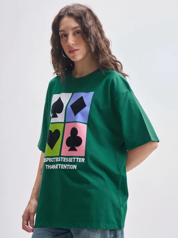 Green Printed Round Neck Oversized Fit T-Shirts
