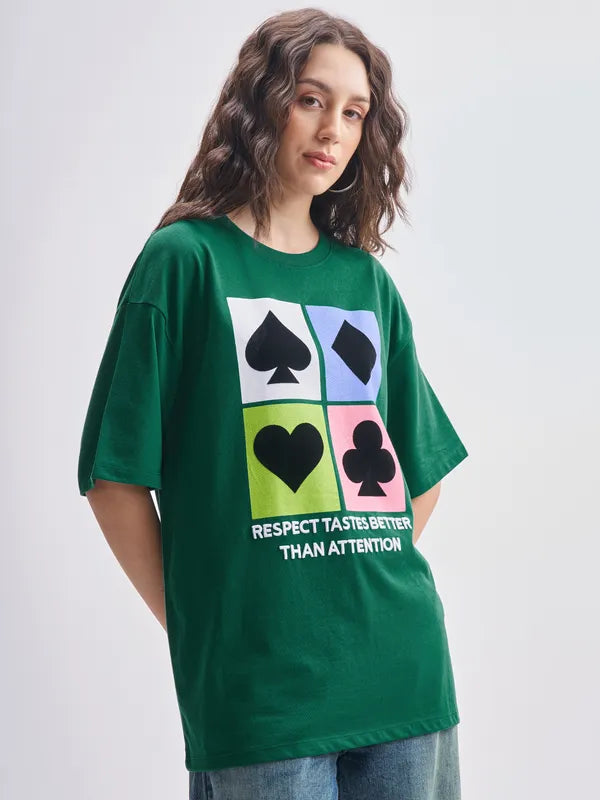 Green Printed Round Neck Oversized Fit T-Shirts