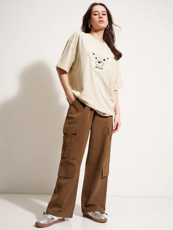 Women Beige Applique Round Neck Oversized Fit T-Shirts