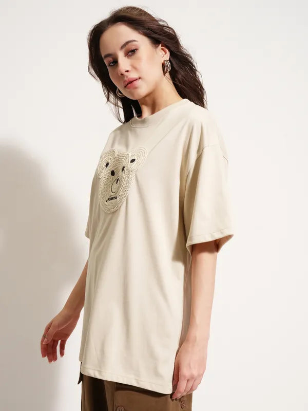 Women Beige Applique Round Neck Oversized Fit T-Shirts