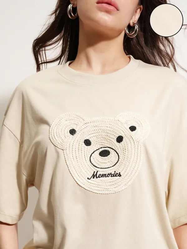 Women Beige Applique Round Neck Oversized Fit T-Shirts