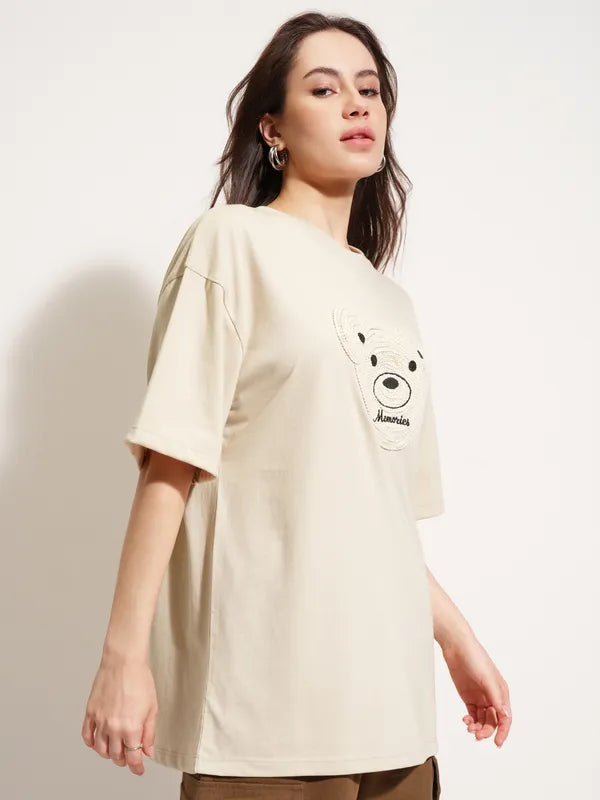 Women Beige Applique Round Neck Oversized Fit T-Shirts