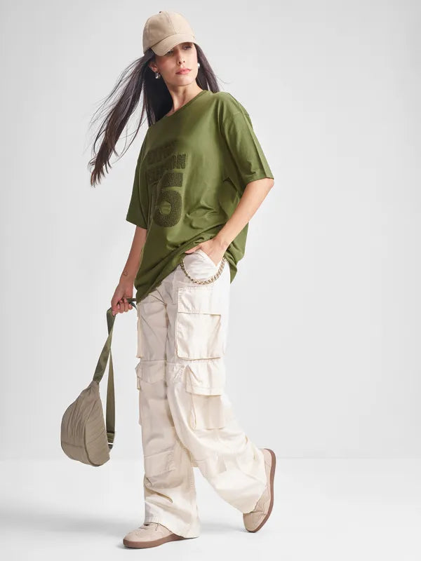 Women Olive Applique Round Neck Oversized Fit T-Shirt