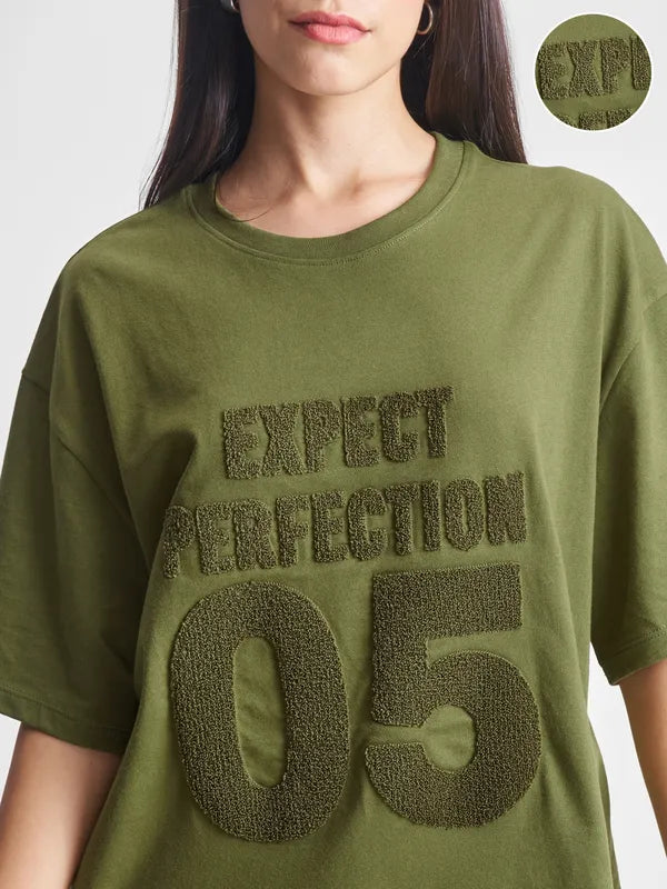 Women Olive Applique Round Neck Oversized Fit T-Shirt