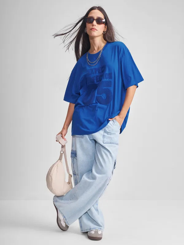 Women Blue Applique Round Neck Oversized Fit T-Shirt