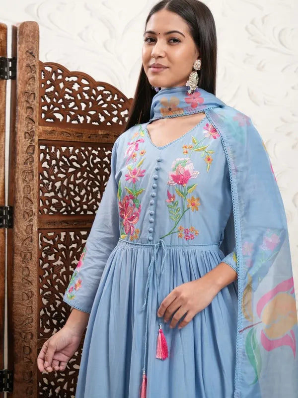 Stylish Blue Embroidered Kurta with Trousers and Dupatta for Women Ideal for Weddings, Parties, and Family Gatherings