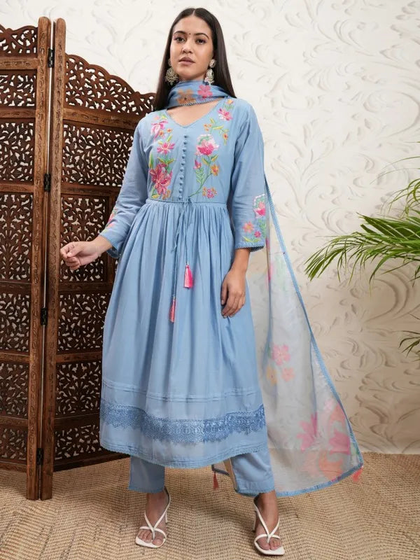 Stylish Blue Embroidered Kurta with Trousers and Dupatta for Women Ideal for Weddings, Parties, and Family Gatherings