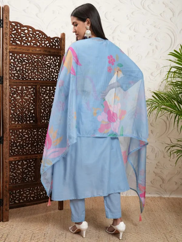 Stylish Blue Embroidered Kurta with Trousers and Dupatta for Women Ideal for Weddings, Parties, and Family Gatherings