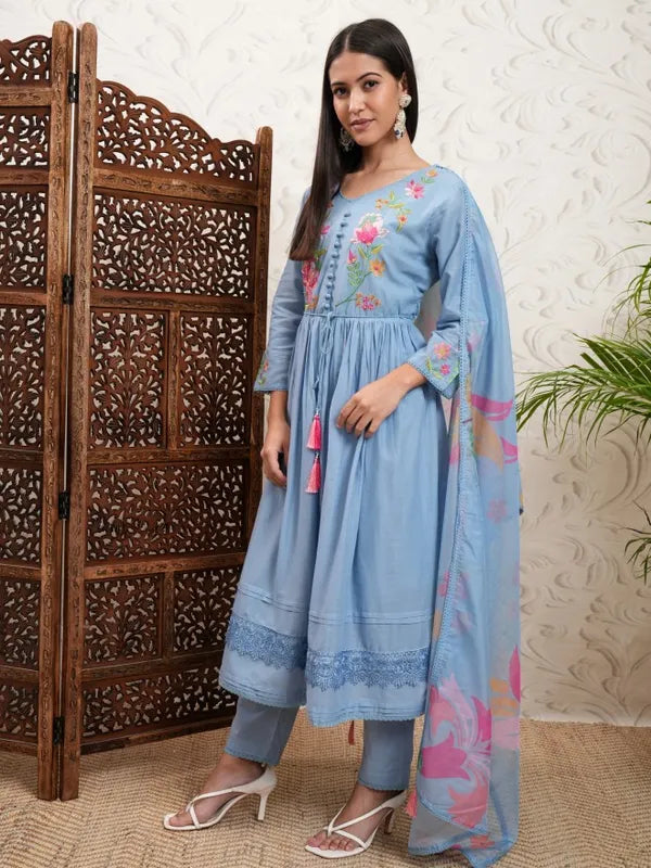 Stylish Blue Embroidered Kurta with Trousers and Dupatta for Women Ideal for Weddings, Parties, and Family Gatherings