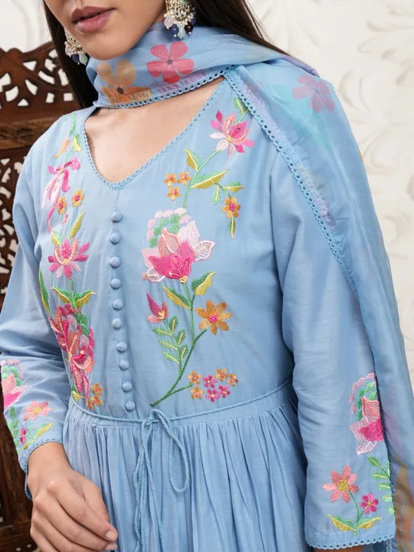 Stylish Blue Embroidered Kurta with Trousers and Dupatta for Women Ideal for Weddings, Parties, and Family Gatherings