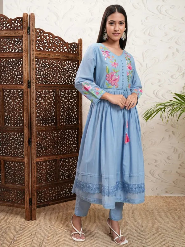 Stylish Blue Embroidered Kurta with Trousers and Dupatta for Women Ideal for Weddings, Parties, and Family Gatherings