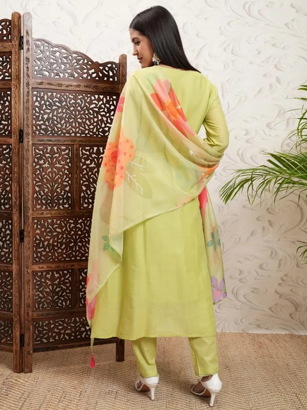 Traditional Women Yellow Embroidered Kurta Outfit with Coordinated Trousers and Dupatta