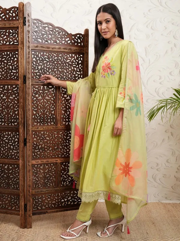 Traditional Women Yellow Embroidered Kurta Outfit with Coordinated Trousers and Dupatta