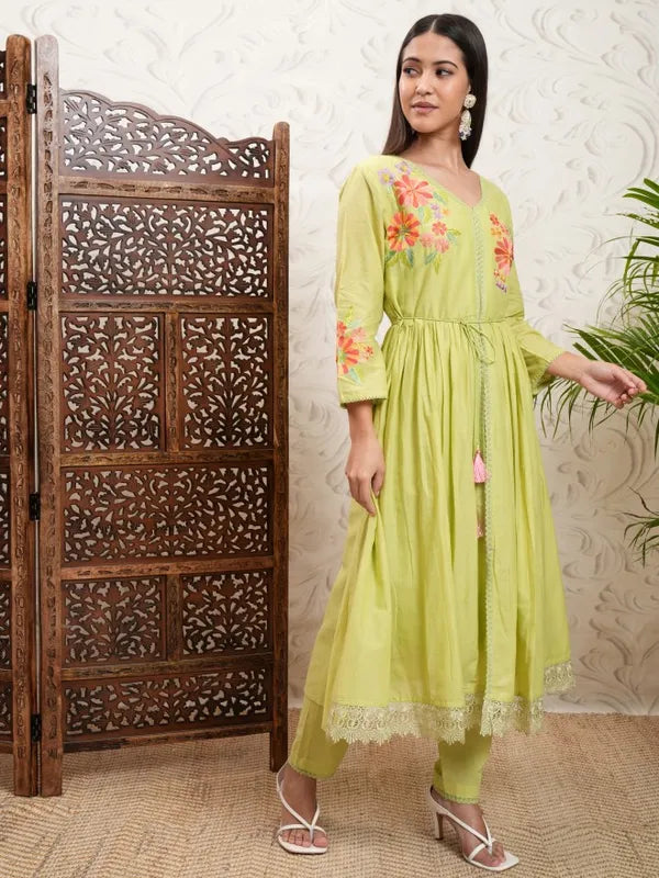Traditional Women Yellow Embroidered Kurta Outfit with Coordinated Trousers and Dupatta