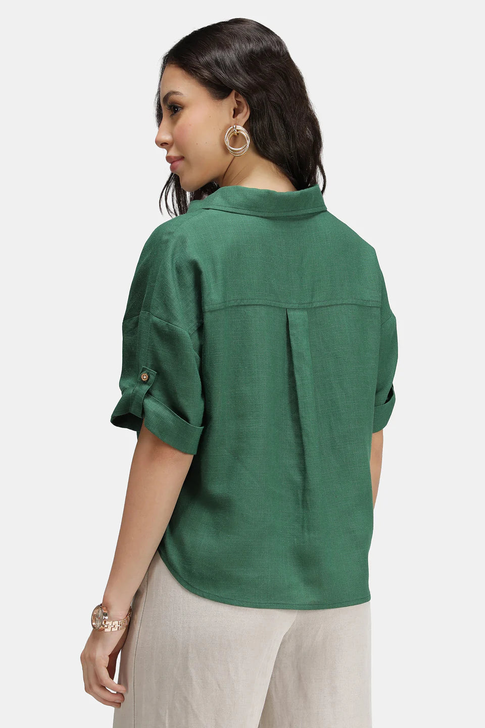 Linen Boxy Shirt with Curved Hem for Women Lightweight Soft Fabric Casual Outfit