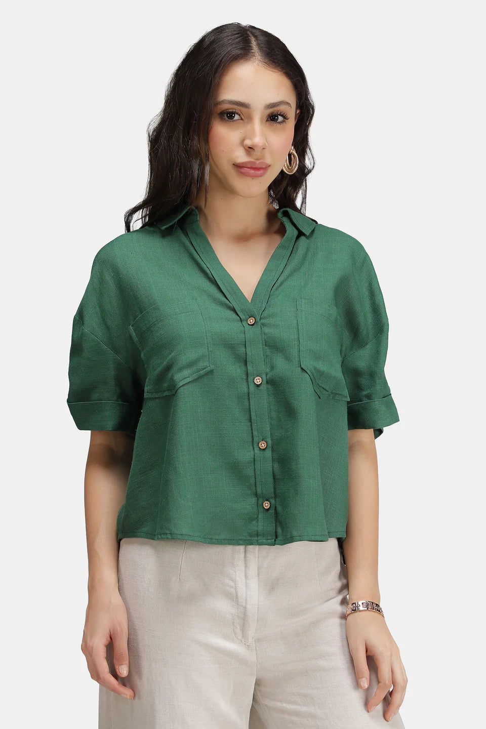 Linen Boxy Shirt with Curved Hem for Women Lightweight Soft Fabric Casual Outfit