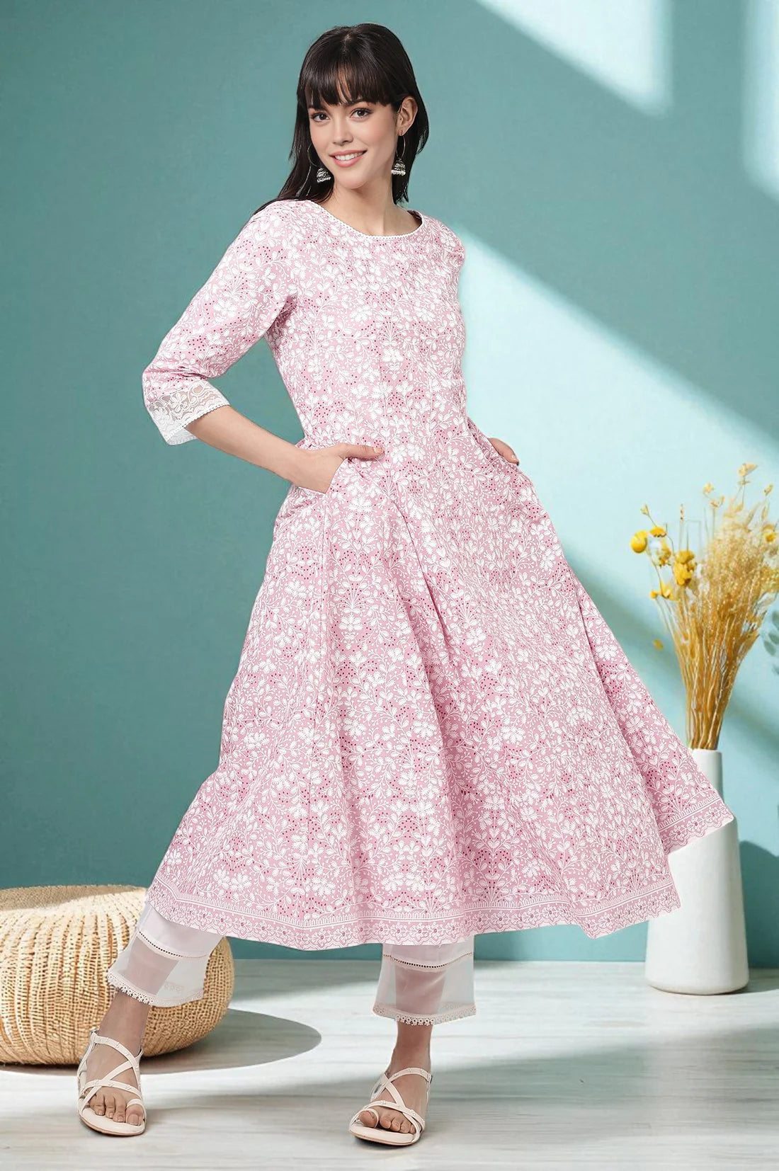 Designer Pure Cotton Anarkali Kurta with Pink Floral Print