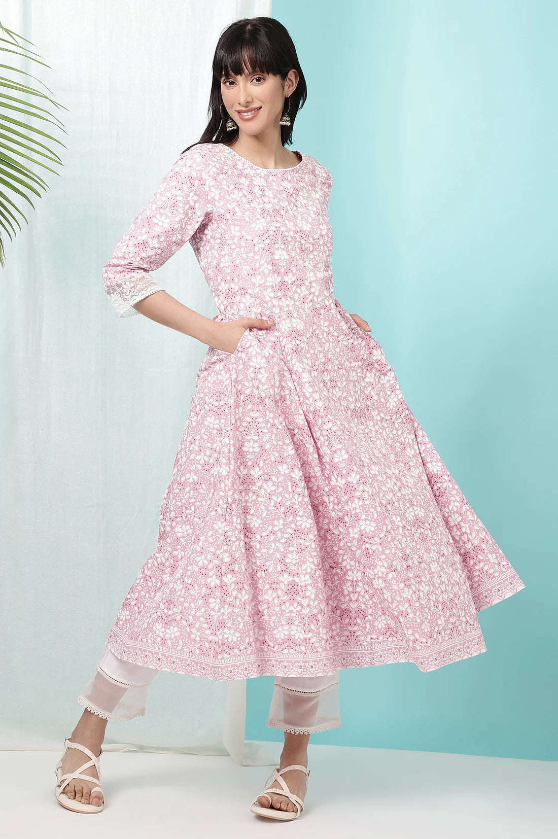 Designer Pure Cotton Anarkali Kurta with Pink Floral Print