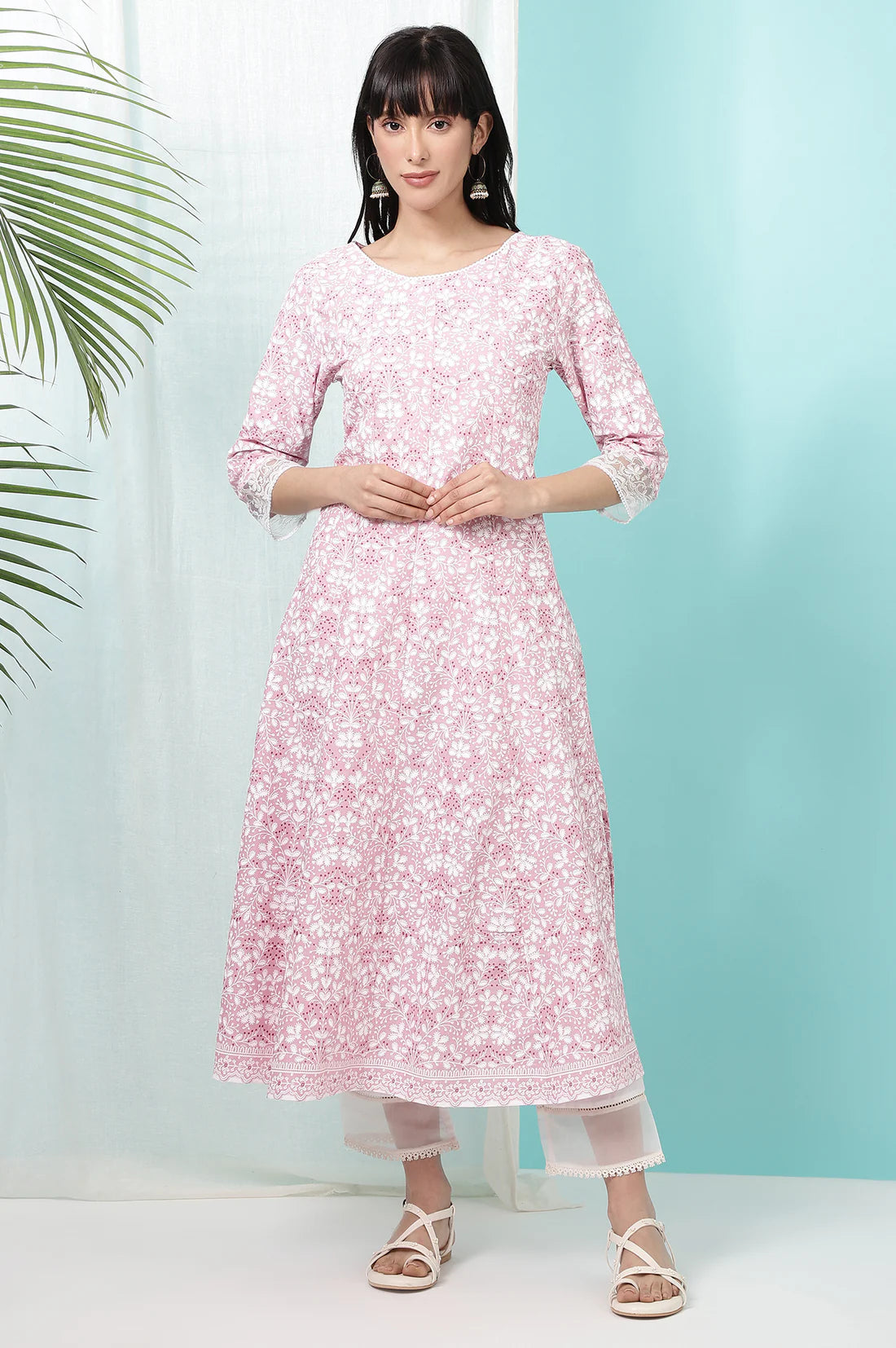 Designer Pure Cotton Anarkali Kurta with Pink Floral Print