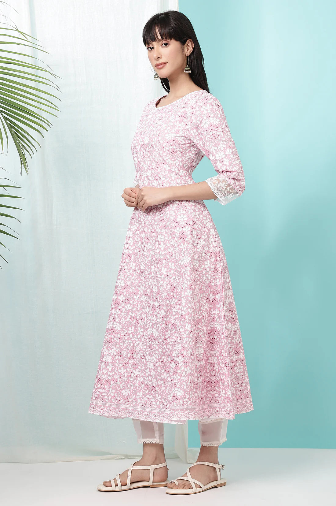 Designer Pure Cotton Anarkali Kurta with Pink Floral Print