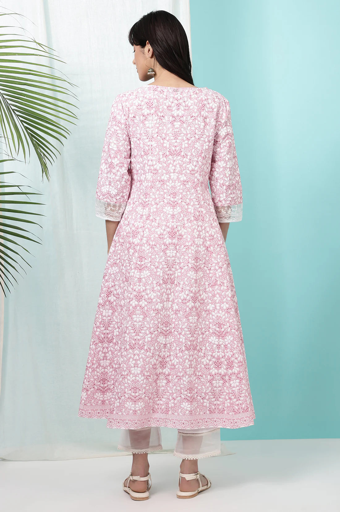 Designer Pure Cotton Anarkali Kurta with Pink Floral Print