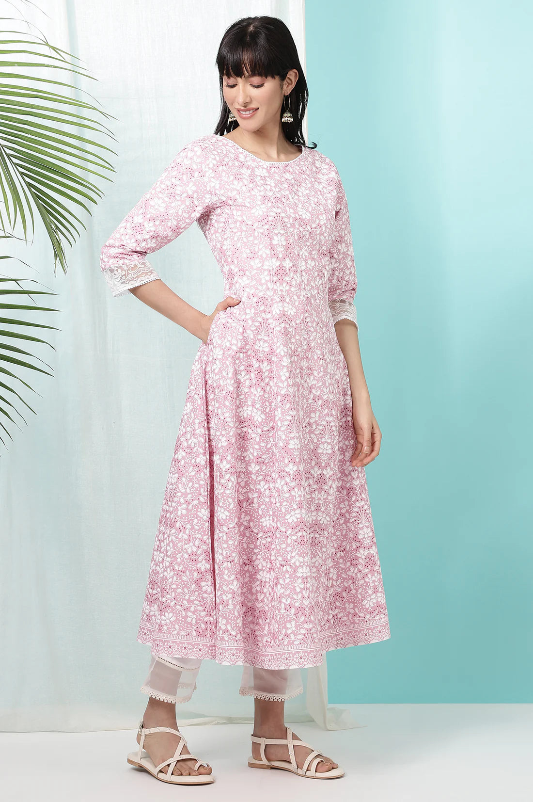 Designer Pure Cotton Anarkali Kurta with Pink Floral Print