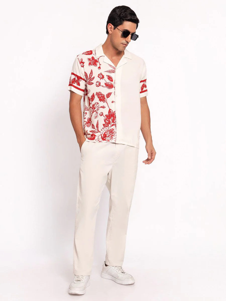 Modern Men’s Crimson Floral Shirt Comfortable Fabric Stylish Casual Outfit