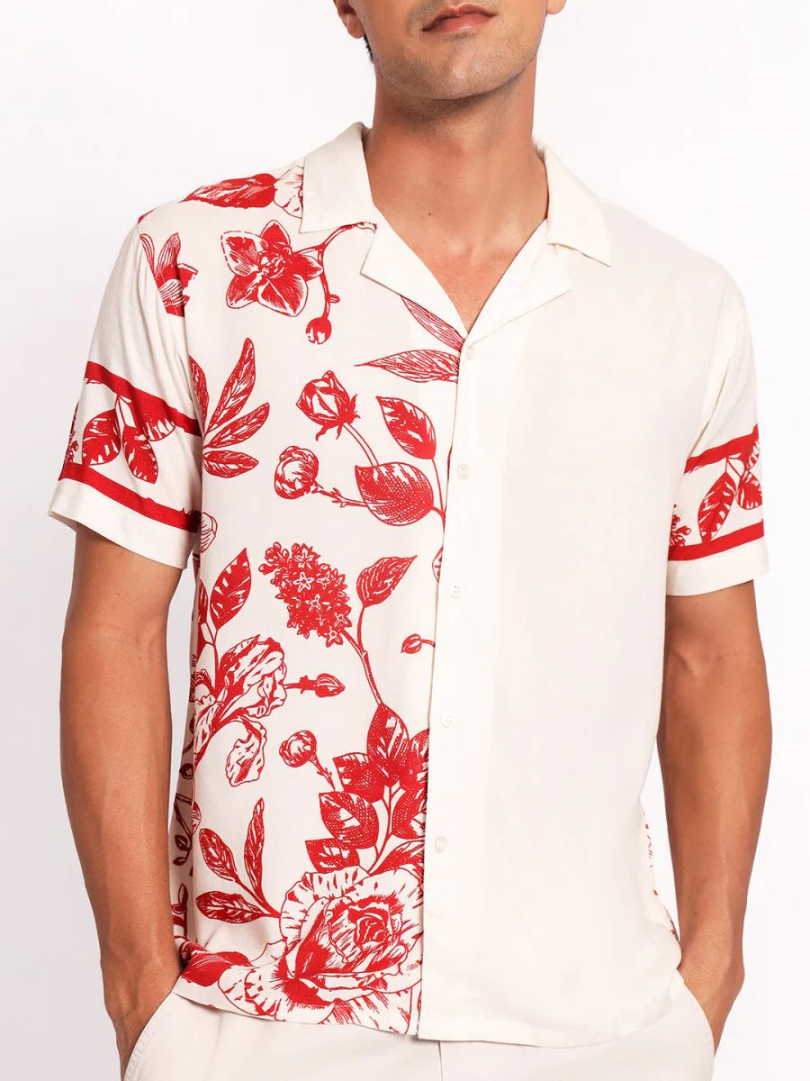 Modern Men’s Crimson Floral Shirt Comfortable Fabric Stylish Casual Outfit