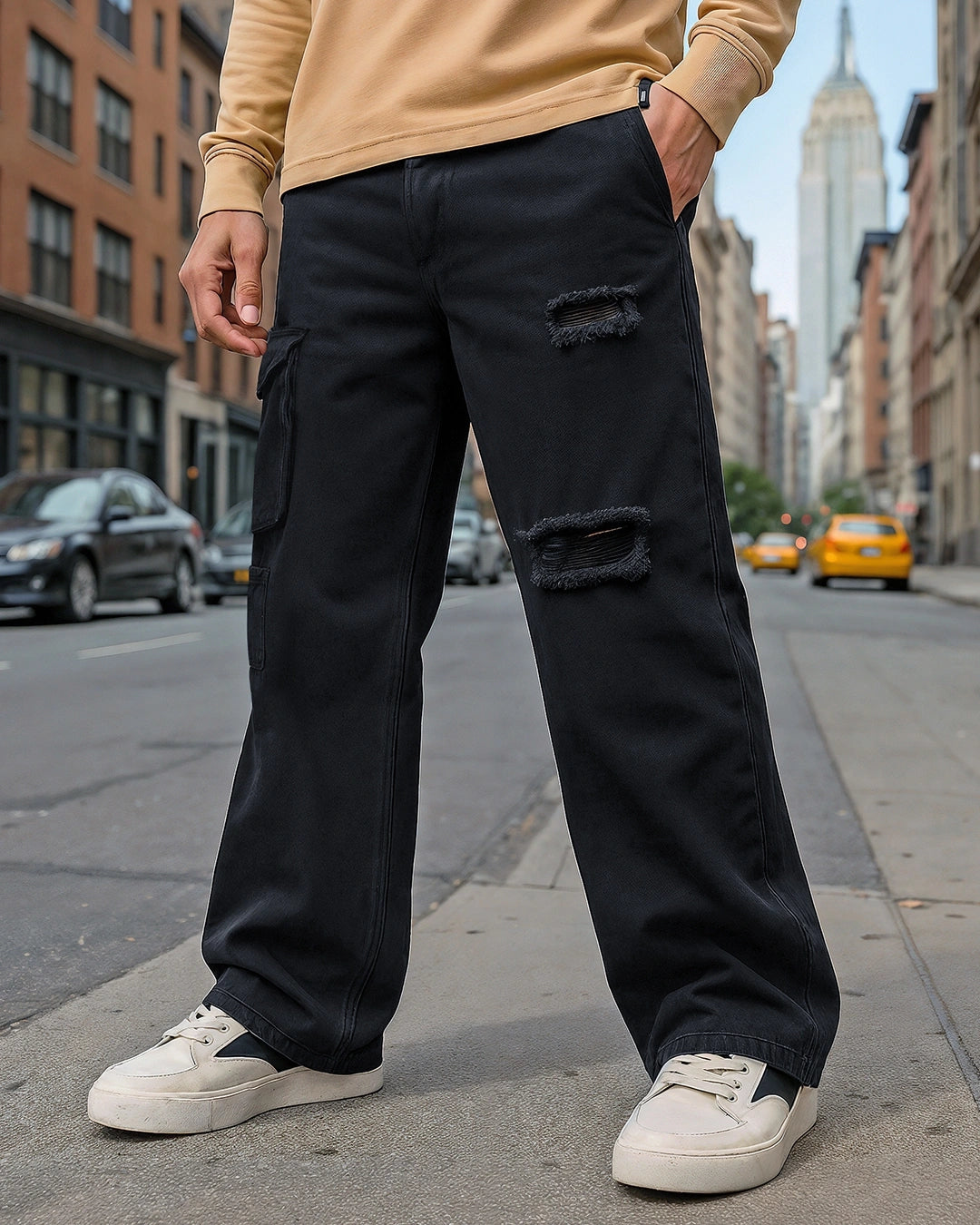Black Distressed Cargo Mid Rise Jeans Men Baggy Fit Comfortable Daily Wear
