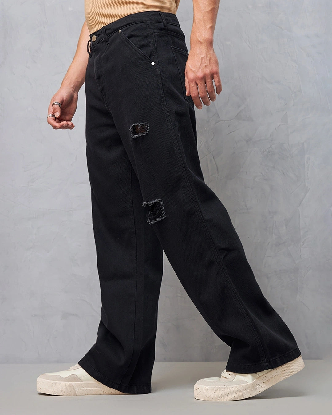 Black Distressed Cargo Mid Rise Jeans Men Baggy Fit Comfortable Daily Wear