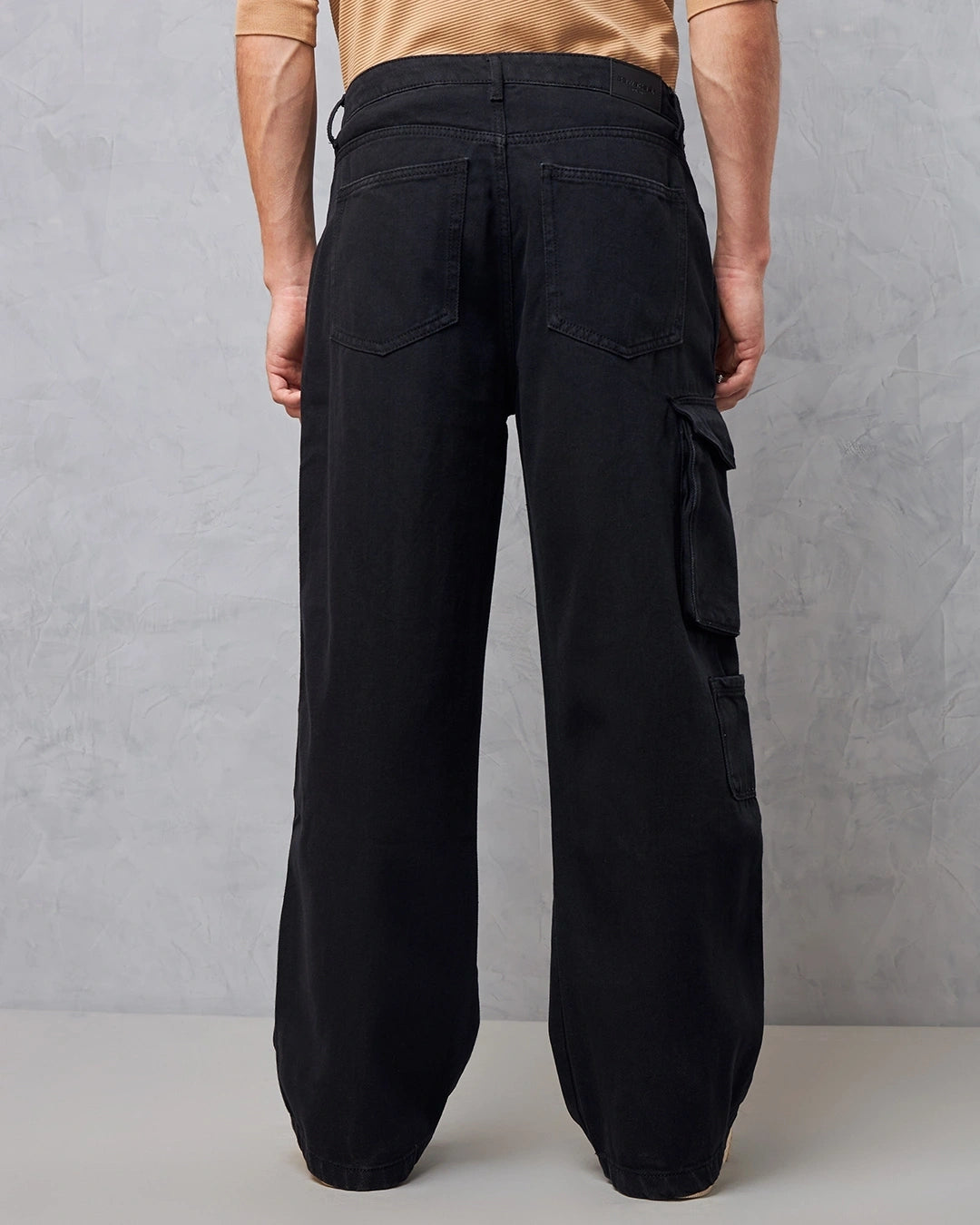 Black Distressed Cargo Mid Rise Jeans Men Baggy Fit Comfortable Daily Wear