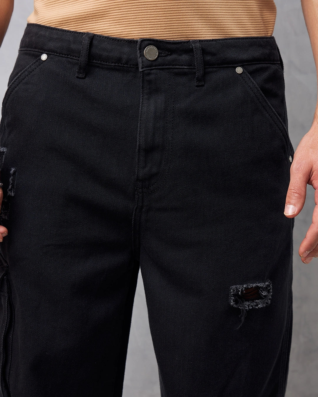 Black Distressed Cargo Mid Rise Jeans Men Baggy Fit Comfortable Daily Wear
