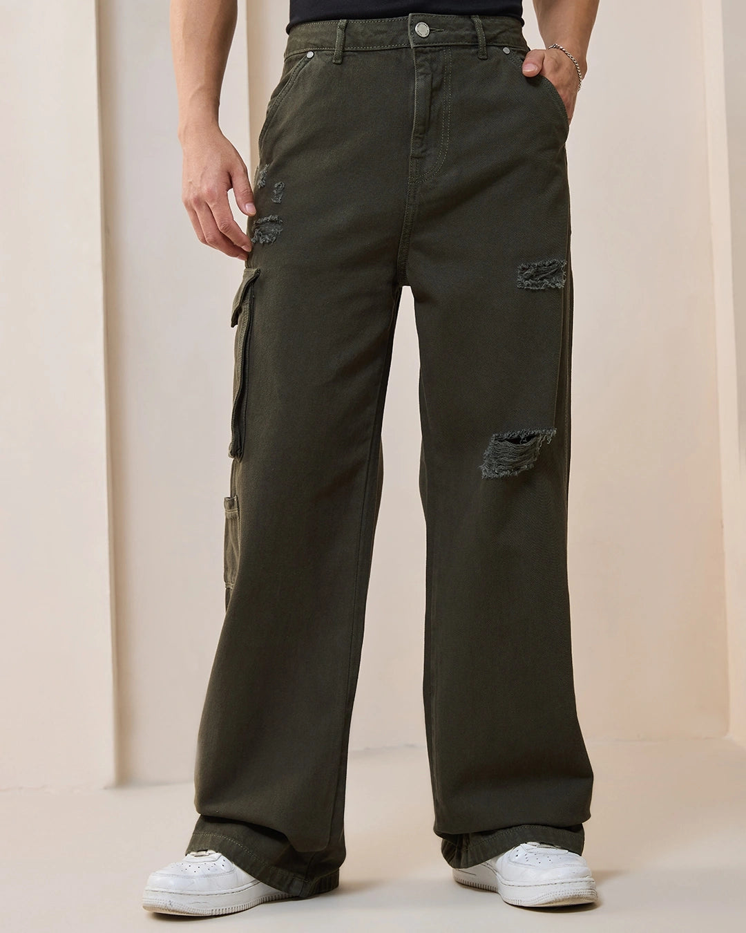 Lightweight Green Distressed Baggy Fit Cargo Mid Rise Jeans for Men Stylish Comfort