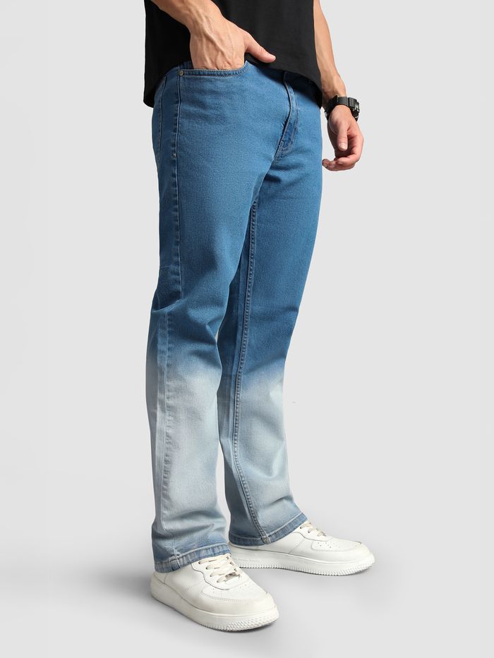 Mid Blue Ombre Bootcut Jeans Men Modern Streetwear Casual Everyday Fashion