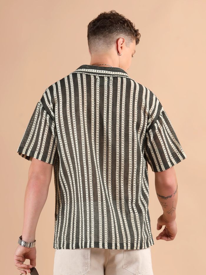 Off White Stripe Crochet Half Sleeves Shirt Lightweight Stylish Daily Wear