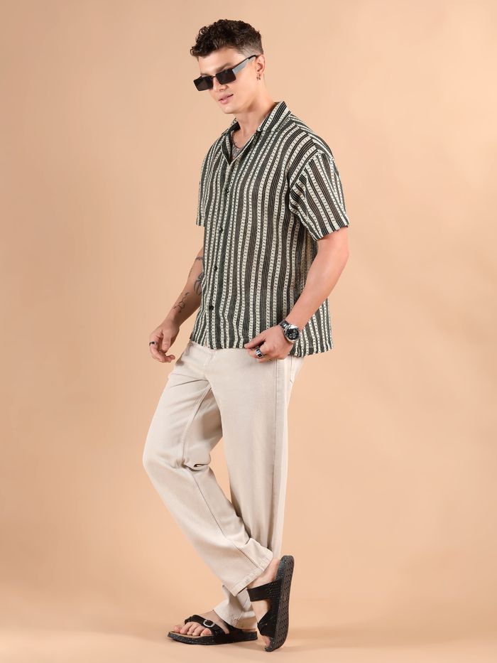 Off White Stripe Crochet Half Sleeves Shirt Lightweight Stylish Daily Wear