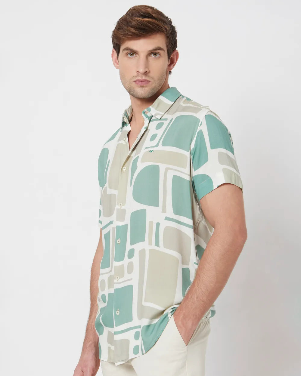 Comfortable Beige Slim Fit Casual Shirt with Abstract Print for Daily Wear