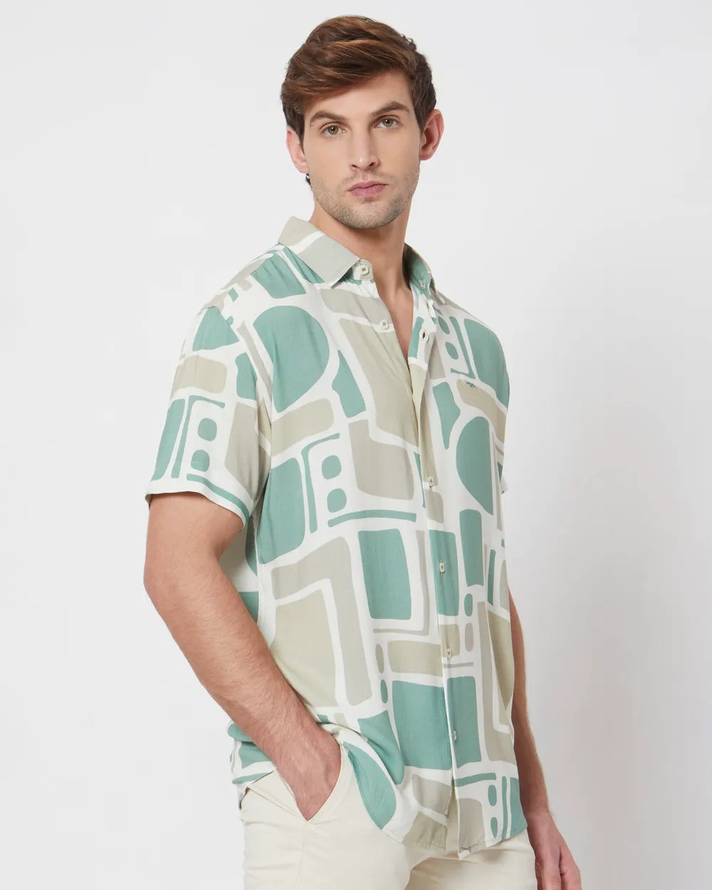 Comfortable Beige Slim Fit Casual Shirt with Abstract Print for Daily Wear